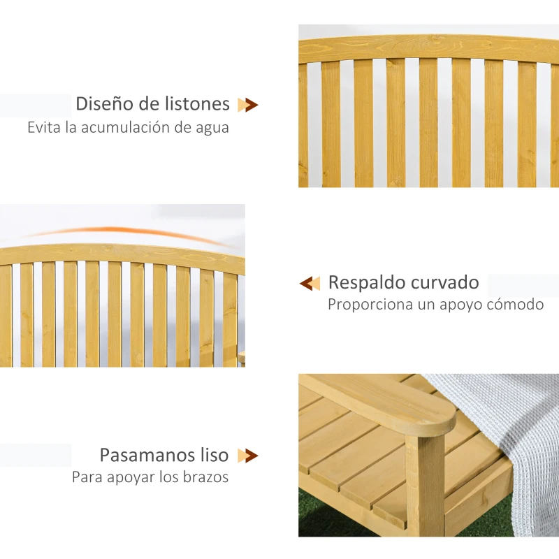 Outsunny Banco de Jardín de Madera de 2 Plazas con Respaldo y Reposabrazos para Terraza Patio Carga 240 kg 143x51x85 cm Natural