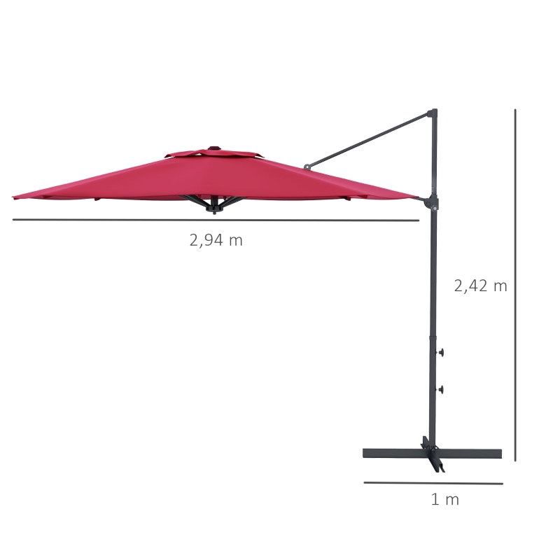 Outsunny Sombrilla de Jardín Ajustable Ø294x242 cm con Poste Giratorio 360° Ángulo de Techo Ajustable y Ventilación Rojo Vino
