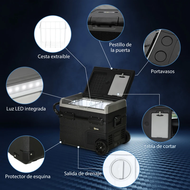 Outsunny Nevera Compresor Portátil 60L Nevera Portátil Eléctrica para Coche Congelador CC 12V/24V hasta -20℃ con Pantalla LED Táctil Asa Retráctil Ruedas para Camping Viajes 71,1x46x57,1 cm Negro