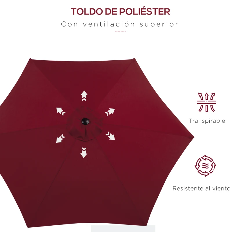 Outsunny Sombrilla para Jardín de Aluminio Ø260x235 cm Parasol de Jardín Reclinable con Manivela y 6 Varillas de Metal para Terraza Exterior Balcón Rojo