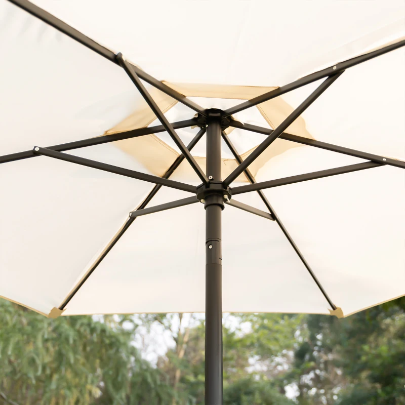 Outsunny Conjunto de Muebles de Jardín con 4 Sillas Plegables Mesa de Comedor de Vidrio y Sombrilla Inclinable Protección del Sol para Patio Terraza Exterior 80x80x70 cm Beige