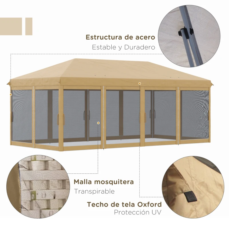 Outsunny Carpa Plegable 6x3 m Cenador de Jardín con 6 Mosquiteras Bolsa de Transporte y Marco de Acero para Camping Fiestas Beige