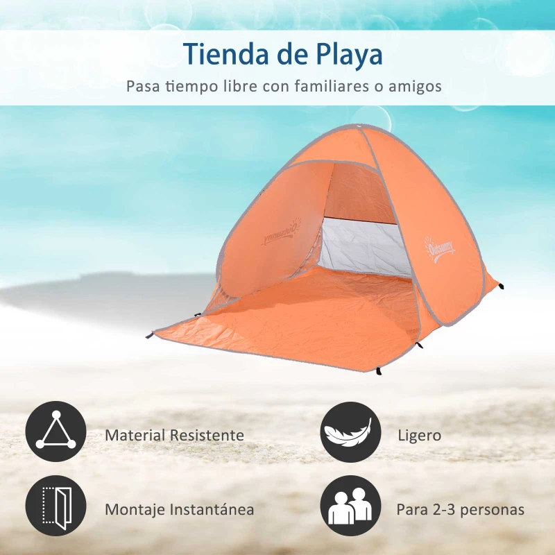 Outsunny Tienda de Playa para 2-3 Personas Pop-Up con Ventanas tipo Refugio  Protección Solar UV 200x150x119 cm Naranja