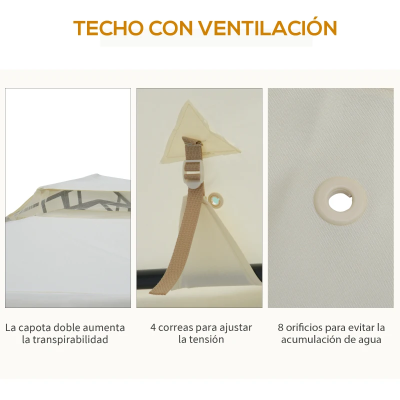 Outsunny Cenador de Jardín 3x3 m Pabellón de Exterior con Doble Techo de Ventilación 4 Cortinas Mosquiteras Laterales con Cremallera 8 Orificios de Drenaje Gazebo para Fiestas Patio Crema