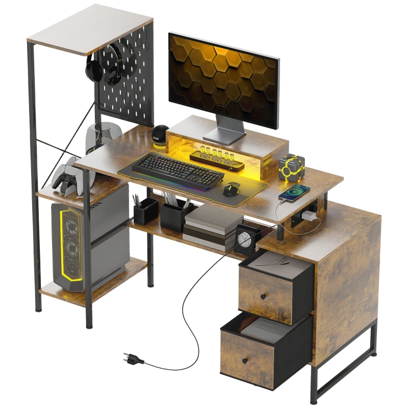 HOMCOM Secretária Estilo Industrial com Luzes LED Estação de Carga Suporte para Monitor Controlo Remoto 142x50x126,5 cm Castanho Rústico