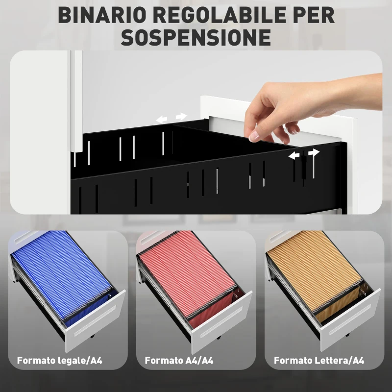 Vinsetto Schedario Portadocumenti in Acciaio a 5 Ruote con 2 Cassetti e Vassoio Portapenne, 30x43.5x60 cm, Bianco