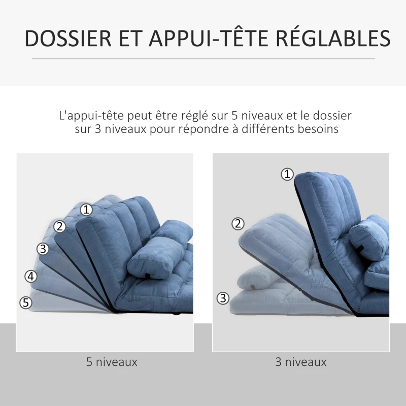 HOMCOM Chauffeuse matelas d'appoint pliant convertible - inclinaison dossier réglable 14 positions - 2 coussins inclus, bleu