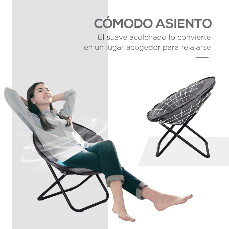Outsunny Silla de Platillo Plegable Silla de Luna con Asiento de Tela Oxford y Patas de Metal Carga 120 kg 80x80x75 cm Gris