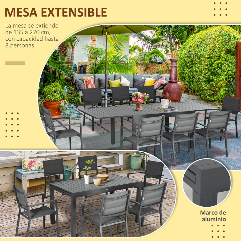 Outsunny Juegos de Comedor de Jardín con Marco de Aluminio Mesa Extensible y 8 Sillas Apilables para Terraza Patio Gris