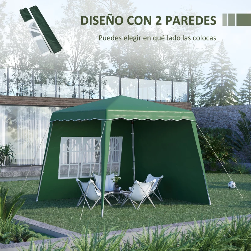Outsunny Carpa Plegable con 2 Paredes Laterales 2,89x2,89m Cenador Pabellón de Jardín con Altura Ajustable Protección UV50+ Verde