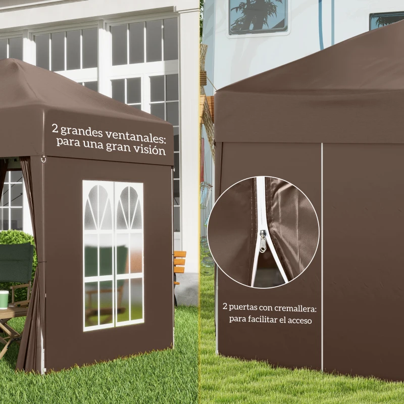 Outsunny Carpa Plegable 2x2m Cenador de Jardín 4 Paredes Laterales Tela Oxford 2 Puertas 2 Ventanas Bolsa de Transporte Marrón