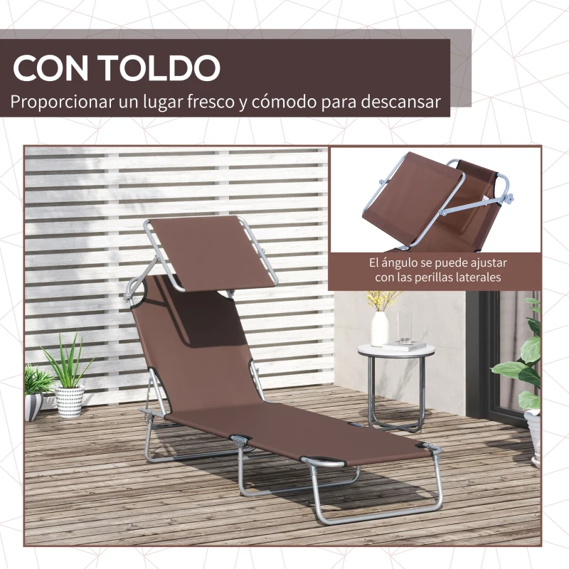 Outsunny Tumbona de jardín Plegable con Toldo y Respaldo Reclinable para Jardín Terraza Acampada 187x58x36cm Marrón