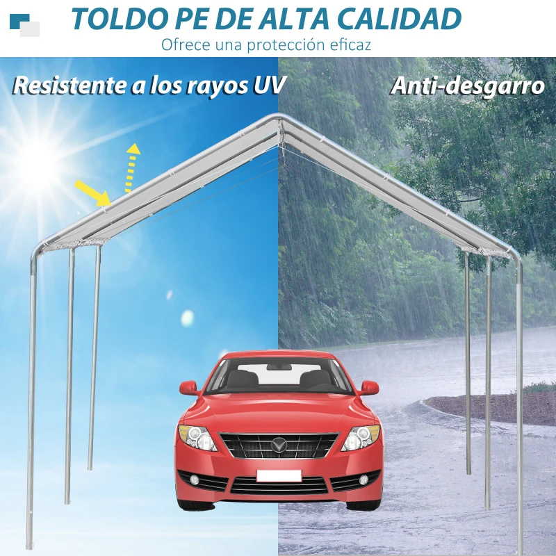 Outsunny Carpa Garaje para Coche 3x6 m Cochera Portátil Impermeable con Toldo de Tela PE y Marco de Acero Galvanizado Blanco