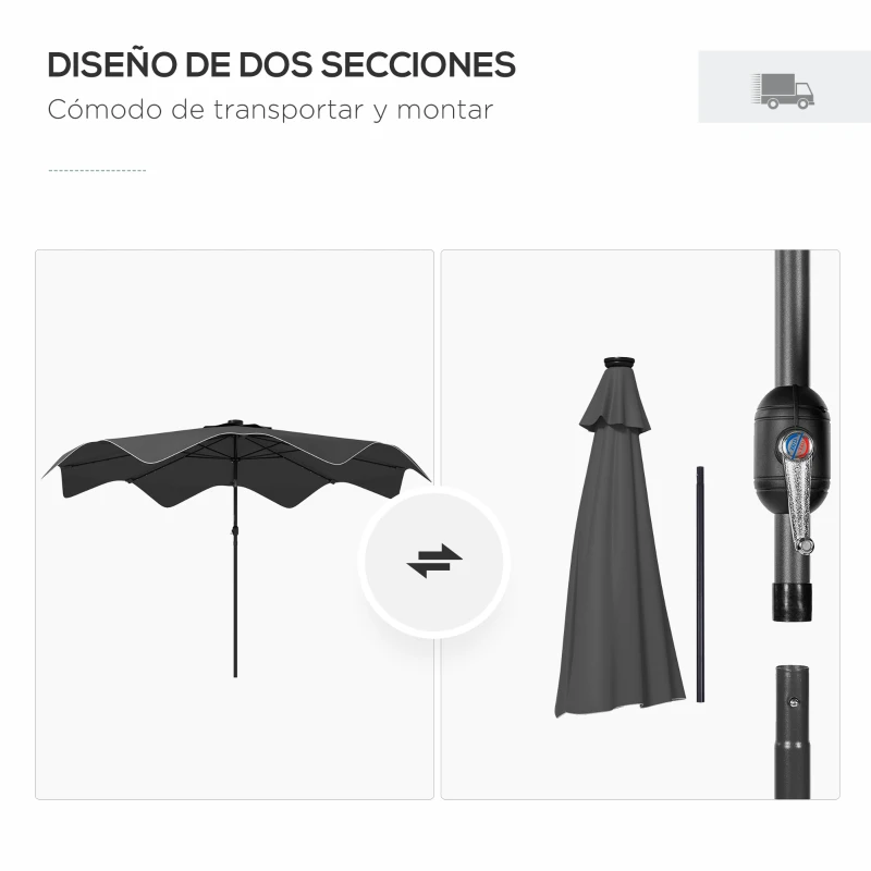 Outsunny Sombrilla de Jardín Manual Ø292x248 cm con 32 Luces LED Solares 8 Varillas Impermeable y Rejillas de Ventilación Gris