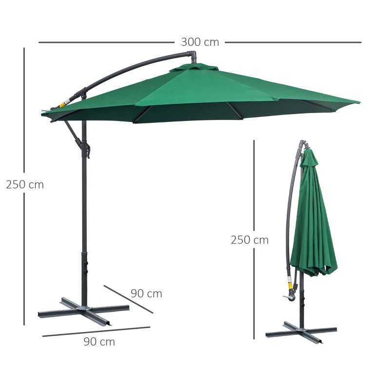 Outsunny Sombrilla de Jardín Ø300x250 cm Parasol Excéntrico Reclinable con Manivela Base Cruzada Tejido Verde Oscuro