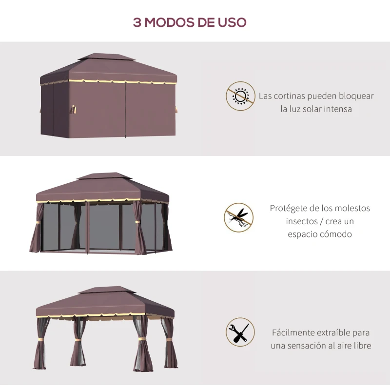 Outsunny Gazebo de Aluminio 4x3 m con Techo de Ventilación 4 Cortinas Laterales 4 Mosquiteras y 8 Orificios de Drenaje Café(m-7)