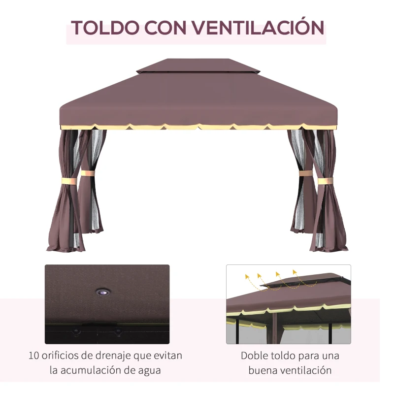 Outsunny Gazebo de Aluminio 4x3 m con Techo de Ventilación 4 Cortinas Laterales 4 Mosquiteras y 8 Orificios de Drenaje Café(m-4)