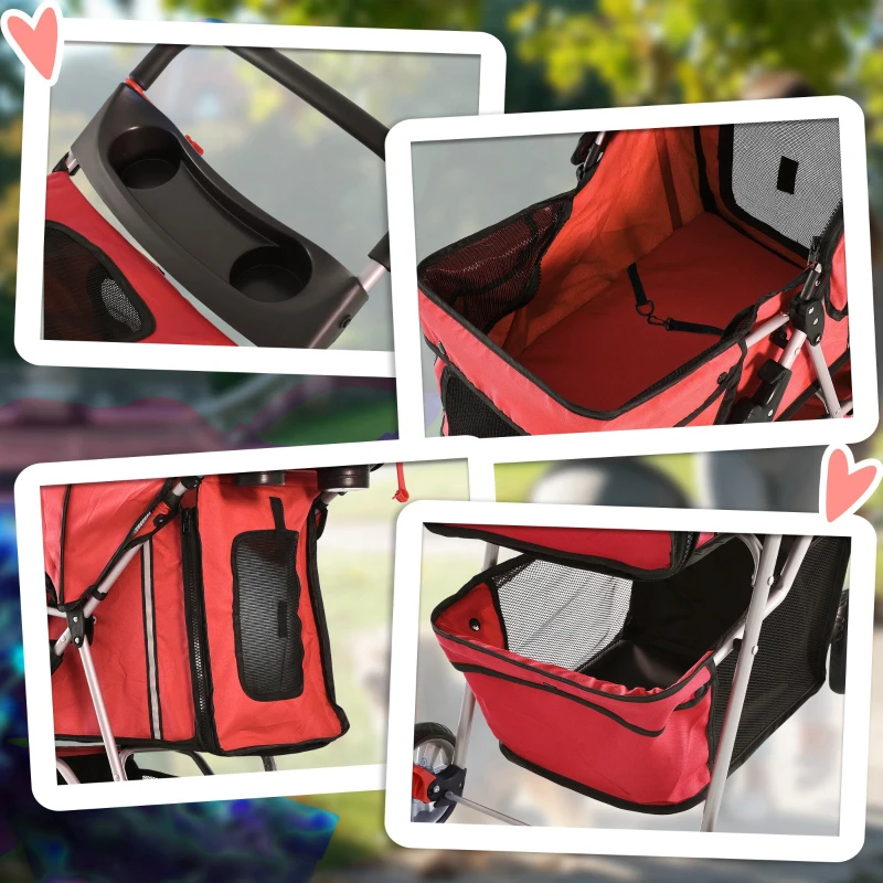 PawHut Carrito para Perros Pequeños con Toldo Ajustable Cesta de Almacenaje Portavasos y 2 Ruedas Universales 75x45x97 cm Rojo