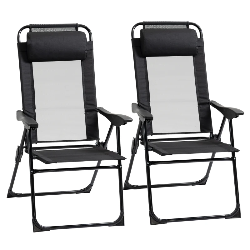 Outsunny Conjunto de 2 Sillas de Camping Plegables con Reposacabezas Desmontable y Respaldo Reclinable 62x70x109 cm Negro