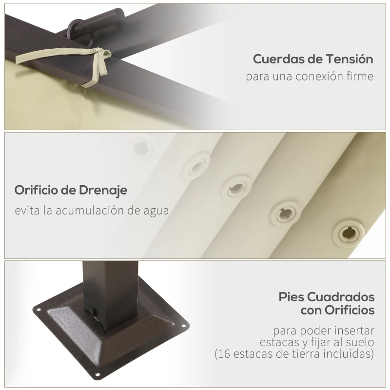 Outsunny Pérgola de Metal 350x350 cm Gazebo Cenador para Jardín Patio o Terraza con Techo Retráctil Tela Poliéster Anti UV Beige