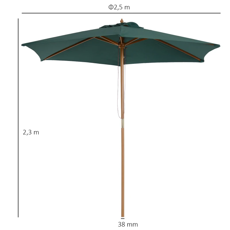 Outsunny Sombrilla Parasol de Madera Ø250x230cm para Exterior con 6 Varillas Sistema de Polea Color Verde
