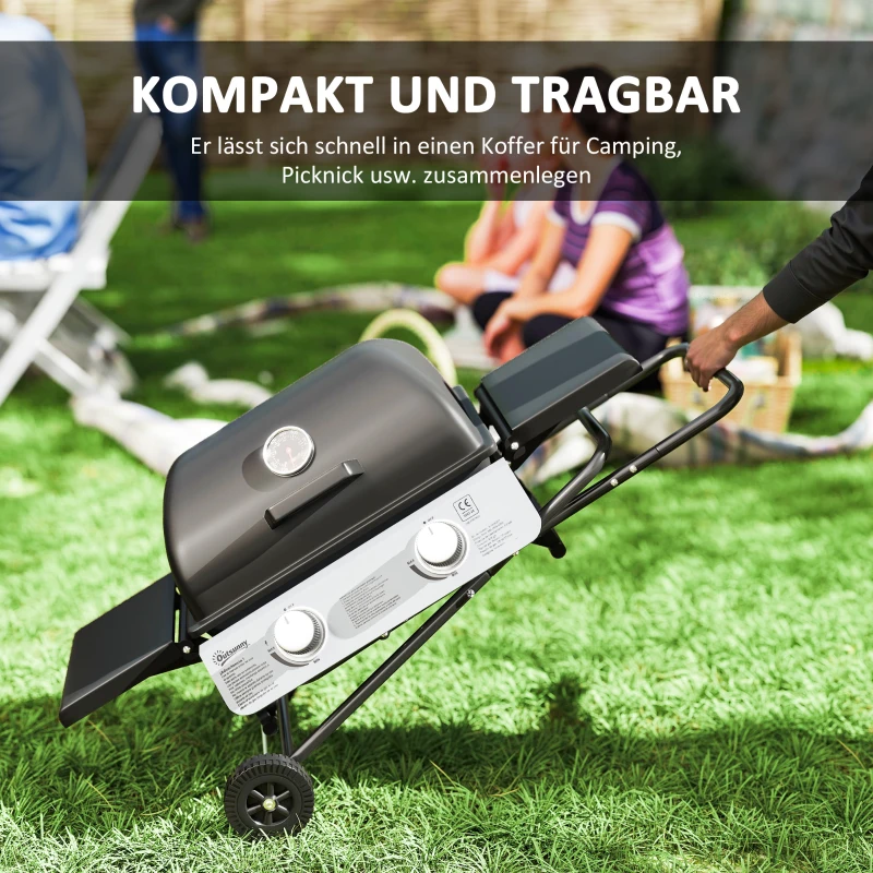 Outsunny Gasgrill 5,6 KW Grillwagen inkl 2 Edelstahl-Brenner klappbar Seitenablagen Rolle 101 x 50 x 102 cm Schwarz