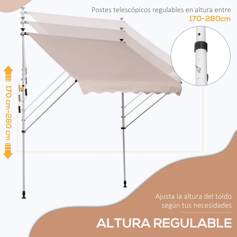Outsunny Toldo Manual Retráctil 200x150x170-280 cm para Balcón y Terraza con Altura Ajustable con Manivela Beige