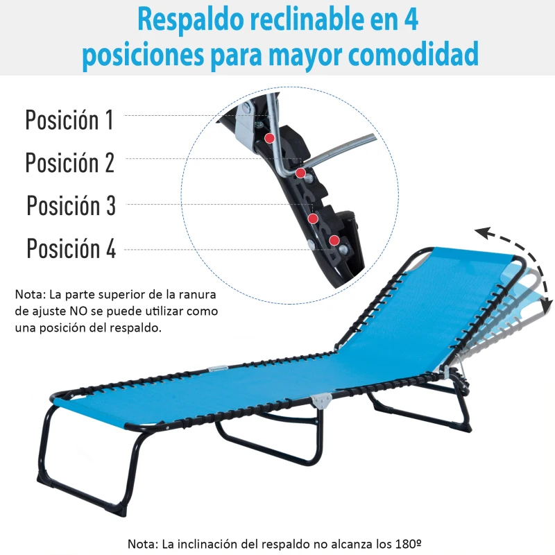 Outsunny Tumbona Plegable y Ajustable de 4 Posiciones Silla Reclinable de Jardín con Sistema de Cordones para Exterior Marco Acero 189x58x30 cm Azul Claro