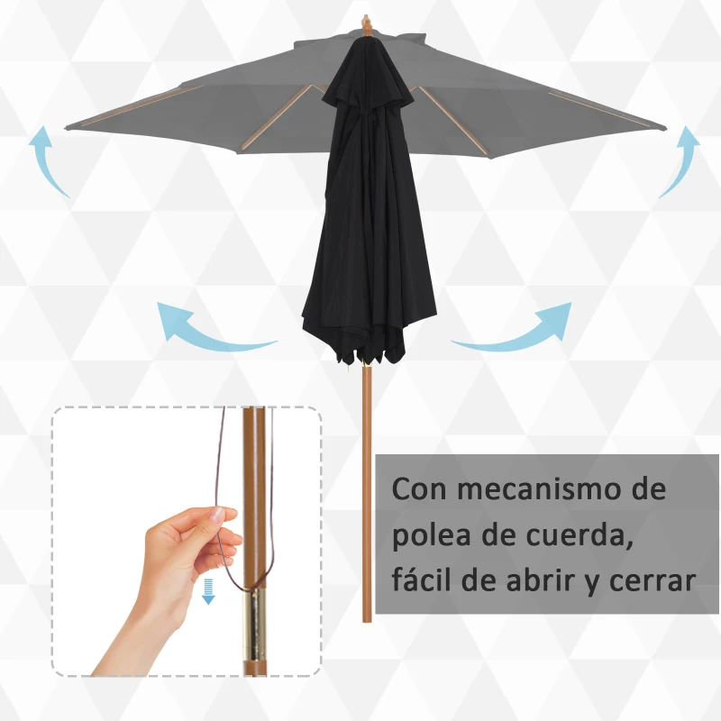 Outsunny Sombrilla de Jardín Ø250x230 cm Parasol de Terraza con Marco de Madera 6 Varillas Sistema de Cuerda e Impermeable Negro