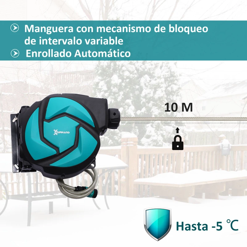 DURHAND Carrete para Manguera Retráctil 10m con 7 Modos de Riego Sistema de Enrollado Automático con Bloqueo Conector de 1m para Jardín Césped 28x14x34 cm Negro y Verde