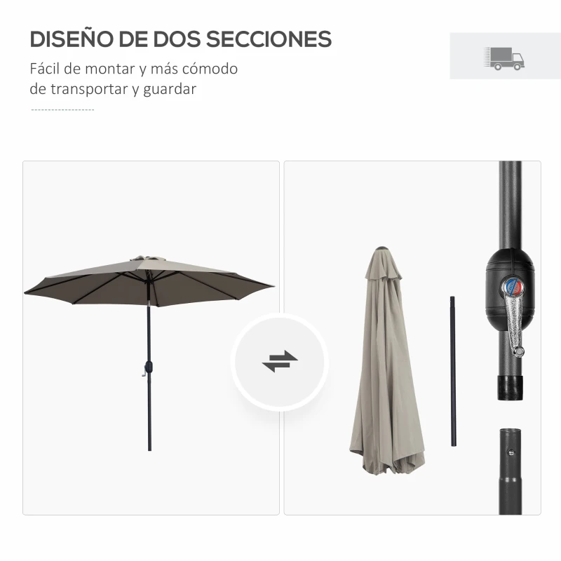 Outsunny Sombrilla de Jardín Ø295x250 cm con Manivela Parasol Exterior con Mecanismo de Inclinación y Poste Desmontable de Metal para Terraza Piscina Patio Gris Claro