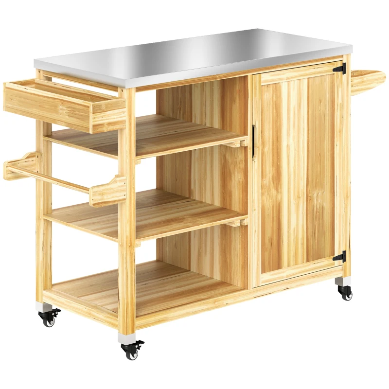 Outsunny Carrinho de Barbecue de Madeira Carrinho de Serviço com Prateleiras Armário Bancada de Aço Inoxidável 134,5x50x91,5 cm Madeira