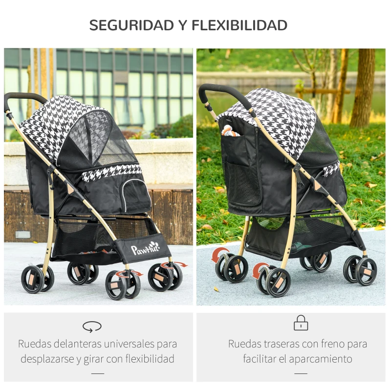 PawHut Carrito para Mascotas con 2 Puertas Ventana de Malla Cesta de Almacenamiento Cuerda de Seguridad 80x44,5x97 cm Negro