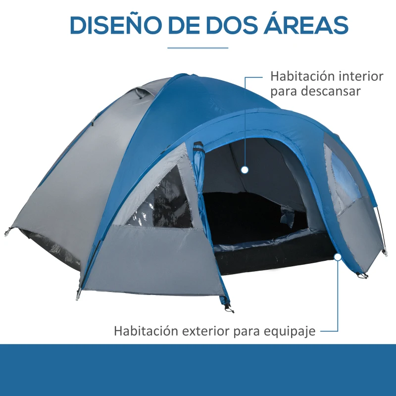 Outsunny Tienda de Campaña para 3-4 Personas con Ventanas 2 Bolsillos y Bolsa de Transporte 250x300x130 cm Gris y Azul