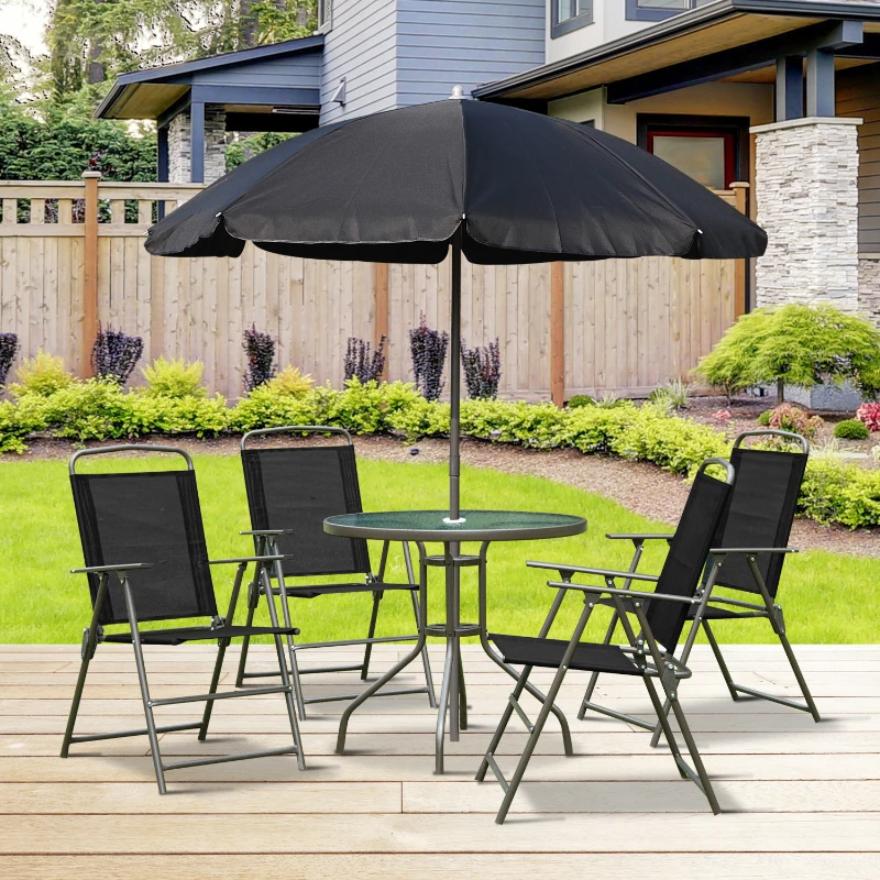 Outsunny Conjunto de Muebles para Jardín con 4 Sillas 1 Mesa y 1 Parasol Texteline Aluminio y Poliéster Negro