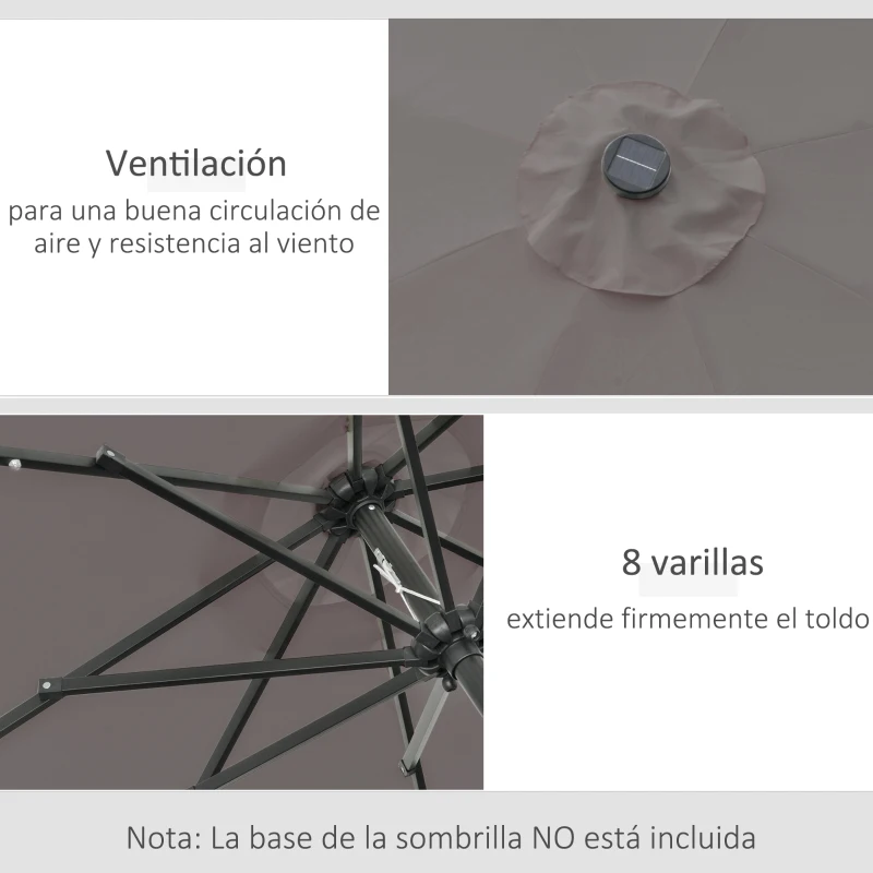 Outsunny Sombrilla Terraza Exterior Ø265 cm Sombrilla de Jardín con 32 Luces LED Solares Poste de Acero y Manivela Parasol Inclinable para Patio Terraza Gris
