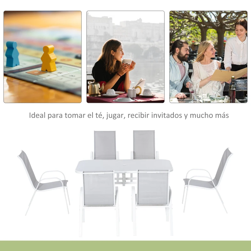 Outsunny Juego de Mesa y 6 Sillas para Terraza con Orificio para Sombrilla y Encimera de Cristal para Terraza Patio Gris