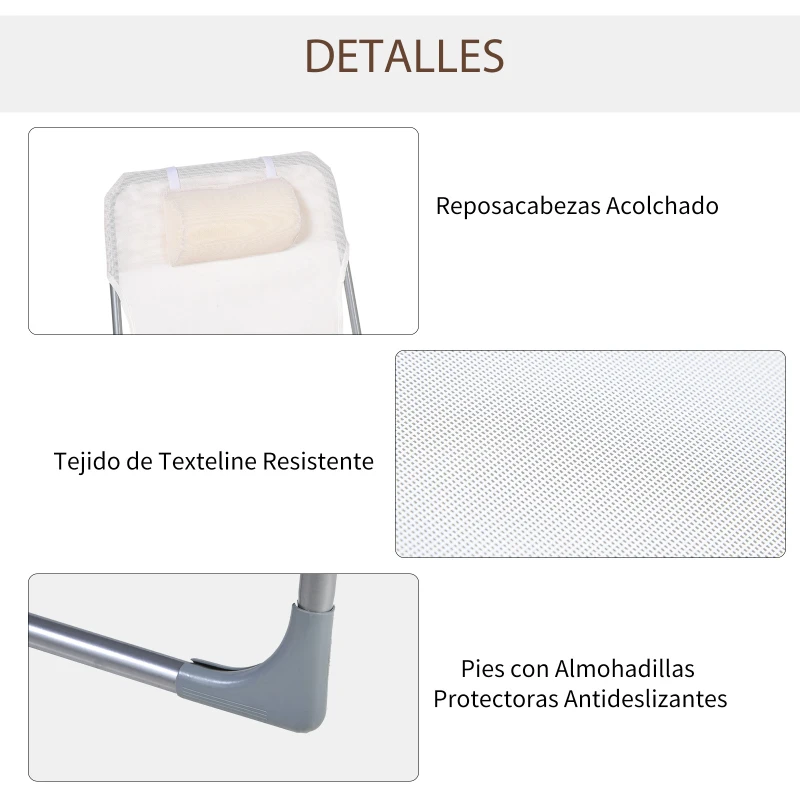 Outsunny Tumbona Plegable y Reclinable de Jardín con Reposacabezas y Respaldo Ajustable en 5 Niveles Tela de Texteline Transpirable 182x56x28 cm Crema