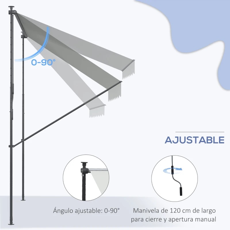 Outsunny Toldo Manual Retráctil 300x175x210-310 cm Ajustable con Manivela Protección Solar UV40+ para Balcón Terraza Gris