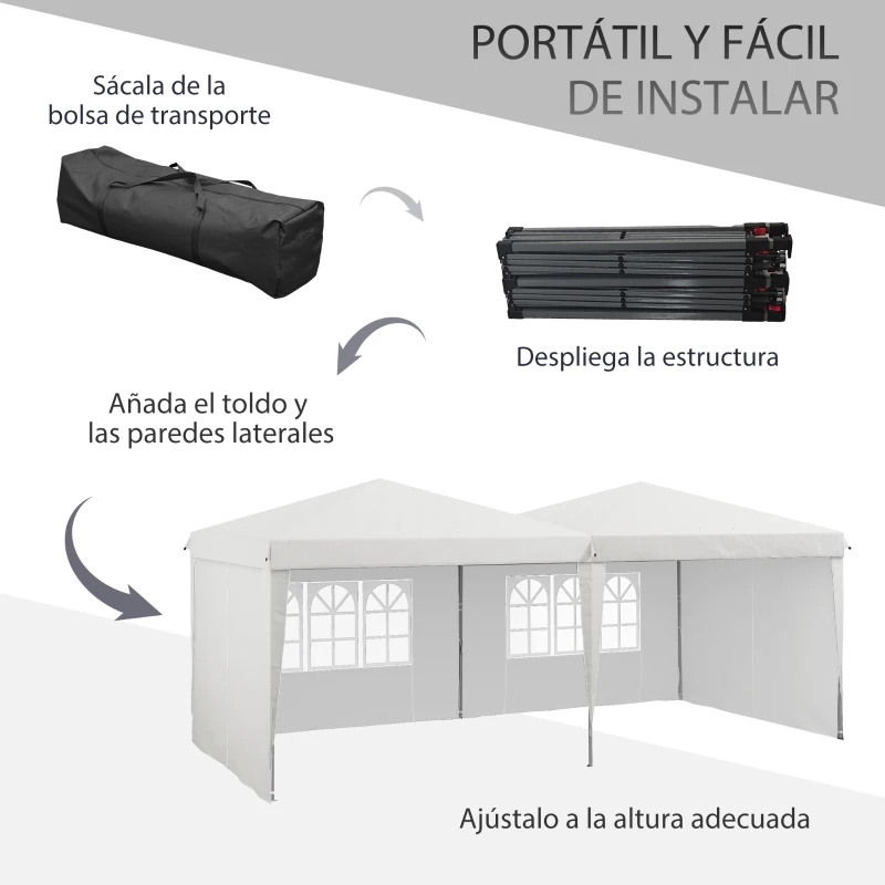 Outsunny Carpa de Jardín Plegable 6x3 m con Paredes Laterales Carpa para Fiestas Altura Ajustable con Bolsa de Transporte Blanco