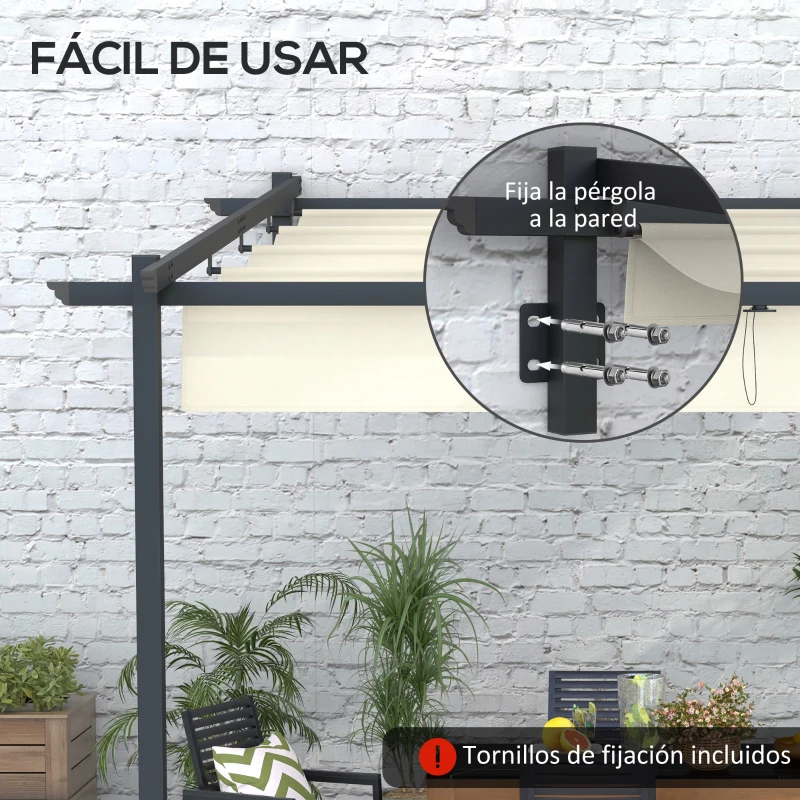 Outsunny Pérgola 3x3 m Cenador de Jardín con Techo Retráctil de Poliéster y Marco de Acero Crema y Gris Oscuro