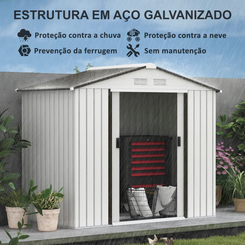 Outsunny Abrigo de Jardim 213x130x185cm Abrigo de Jardim Metálico de Exterior com 2 Portas Deslizantes e 4 Janelas Branco e Cinza