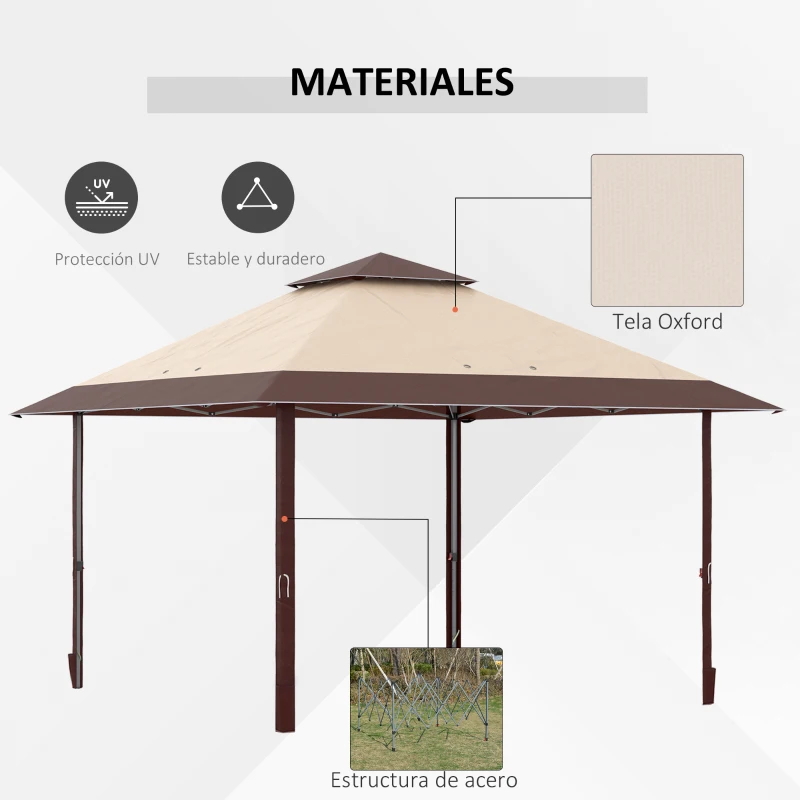 Outsunny Carpa Plegable 3,85x3,85 m con Doble Techo Altura Ajustable y Bolsa de Transporte Impermeable Anti-UV Caqui y Café