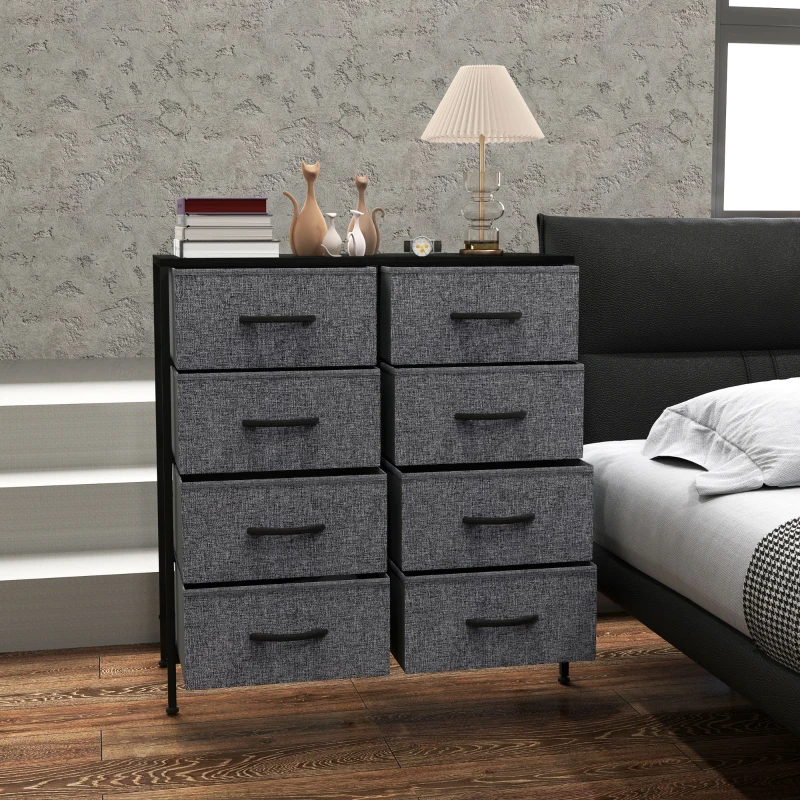 HOMCOM Fabric Chest of Drawers, Industrial Bedroom Dresser with 8 Fabric Drawers, Steel Frame and Wooden Top for Nursery, Living Room, Hallway, Black