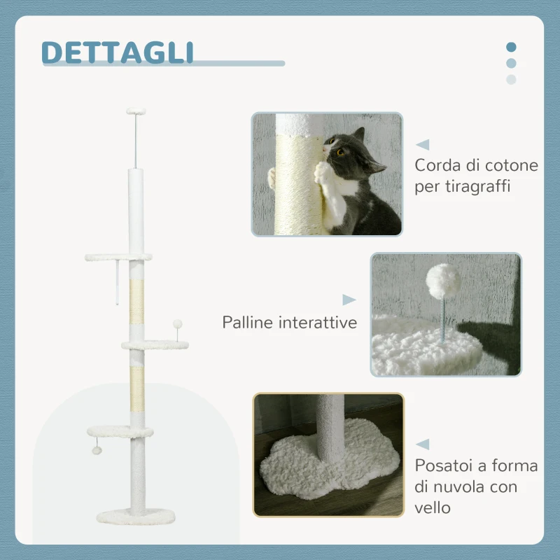 PawHut Albero per Gatti a Soffitto con Altezza Regolabile e Pali Tiragraffi in Sisal, 48x32x225-255 cm, Bianco