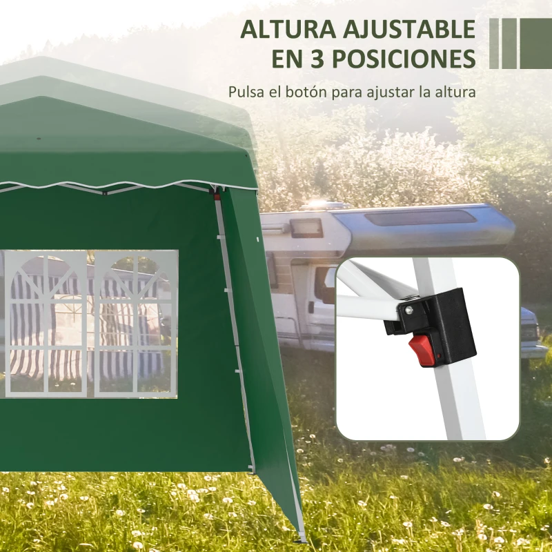 Outsunny Carpa Plegable con 2 Paredes Laterales 2,89x2,89m Cenador Pabellón de Jardín con Altura Ajustable Protección UV50+ Verde