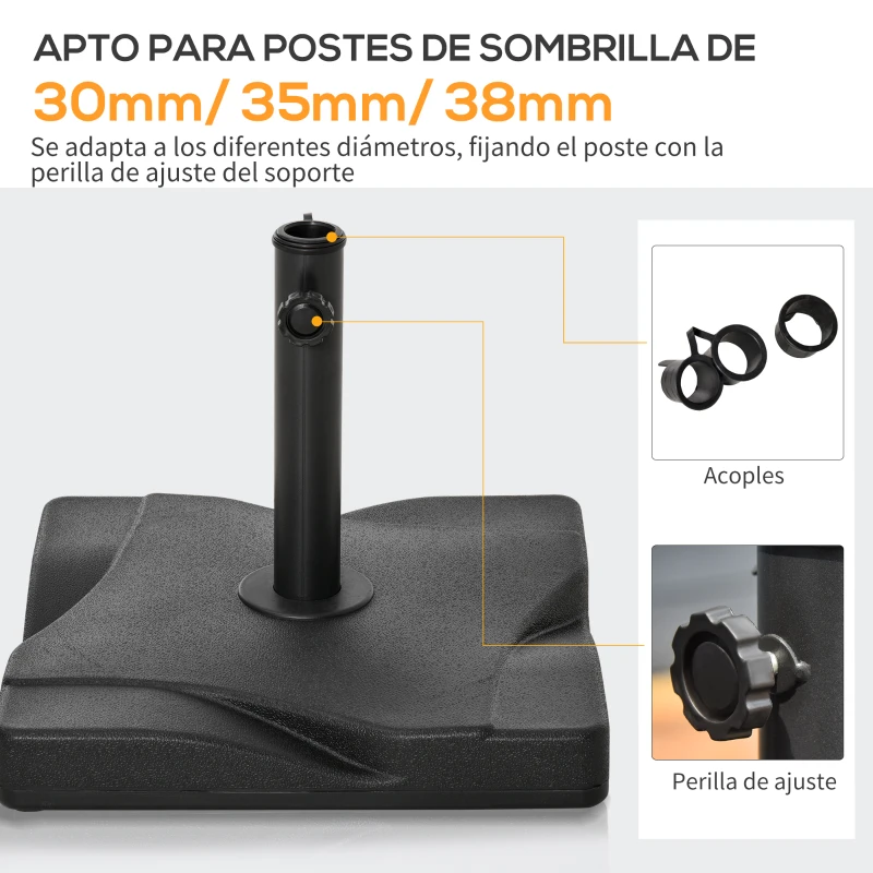 Outsunny Base para Sombrilla de 20 kg Apta para Postes de Parasol de Ø32mm Ø38mm o Ø48mm 41,5x41,5x33cm Negro