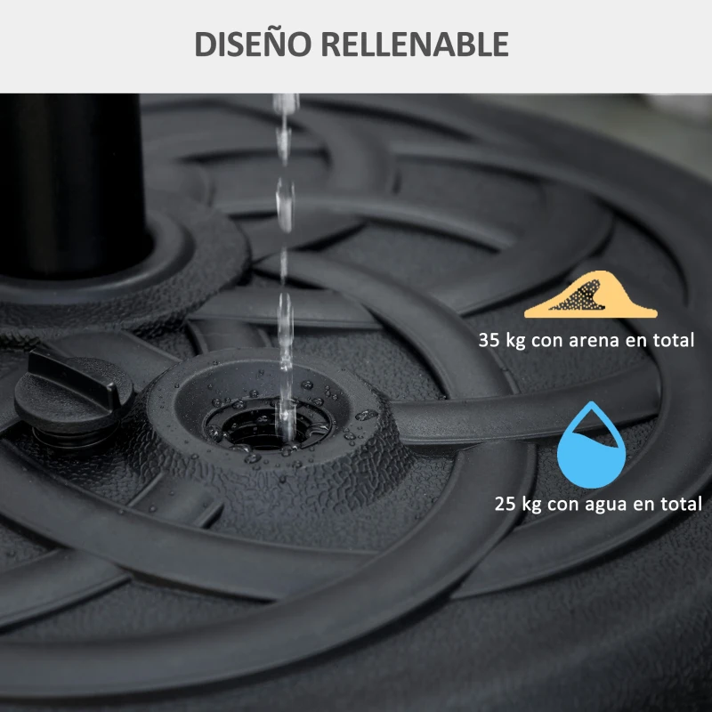 Outsunny Base de Sombrilla de PE Redonda para Postes de 38mm/48mm Rellenable de Arena 35 kg y Agua 25L Ø56x30,5 cm Negro