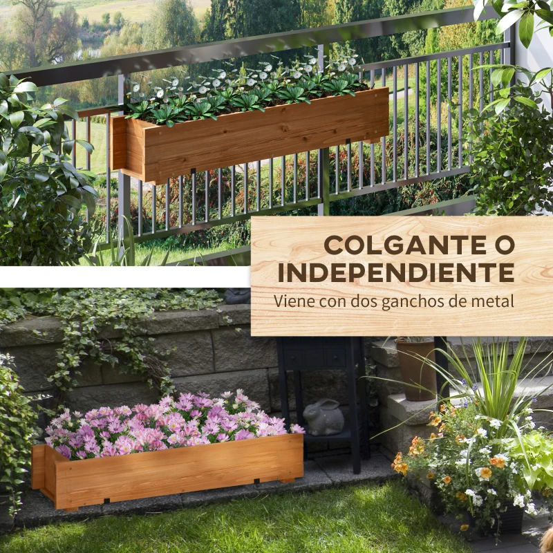 Outsunny Jardinera de Madera con 2 Ganchos para Colgar para Cultivos Plantas Flores al Exterior 91x18x16,5 cm Natural