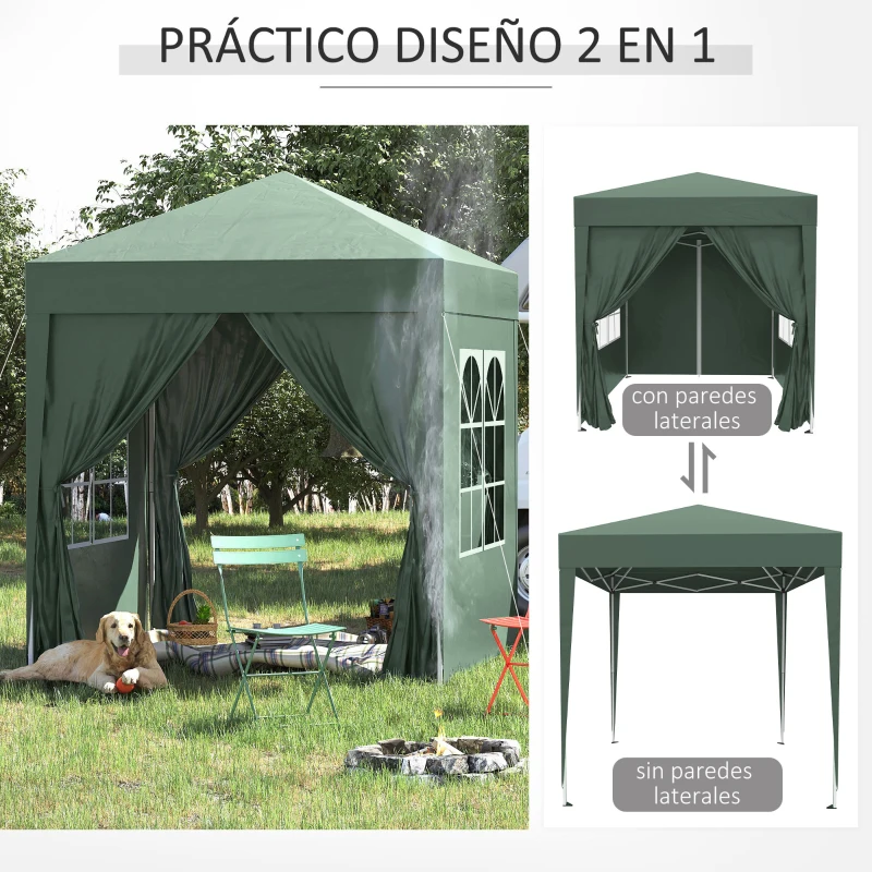 Outsunny Cenador de Jardín 2x2m con 4 Paredes Laterales Tela Oxford 2 Puertas 2 Ventanas y Bolsa de Transporte Impermeable Verde